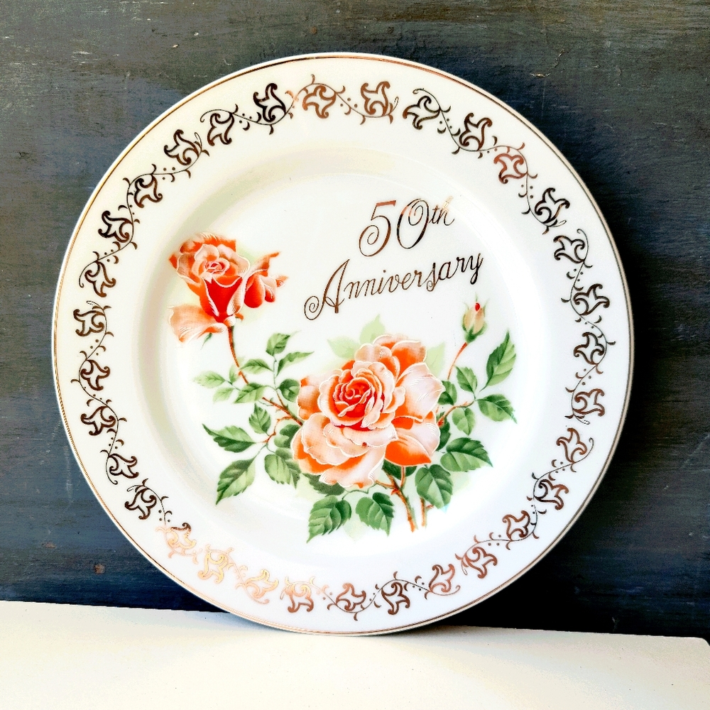 50th Anniversary Plate Pink Rose Gold Trim Norcraft Japan Vintage